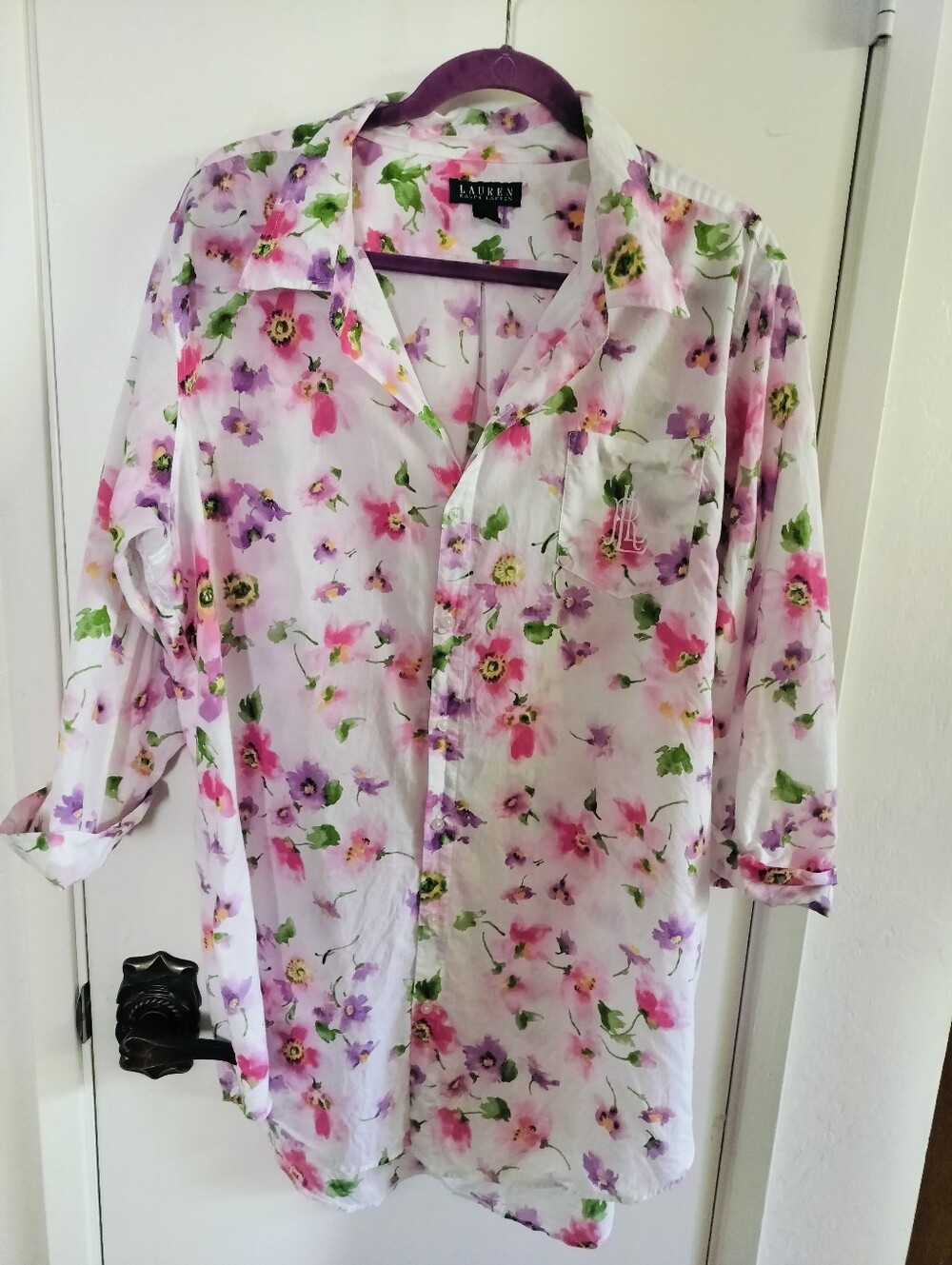 Lauren Ralph Lauren Watercolor Floral Cotton Button-Down Pajama Sleep Shirt L/XL